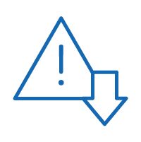 Icon of a hazard symbol with downward arrow describing low risk.